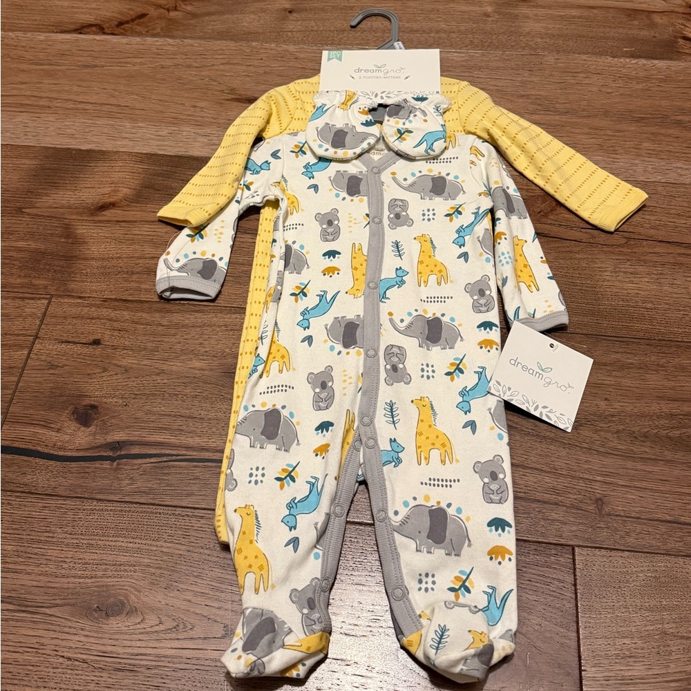 Animal Print and Yellow Striped Footie Set with Mittens